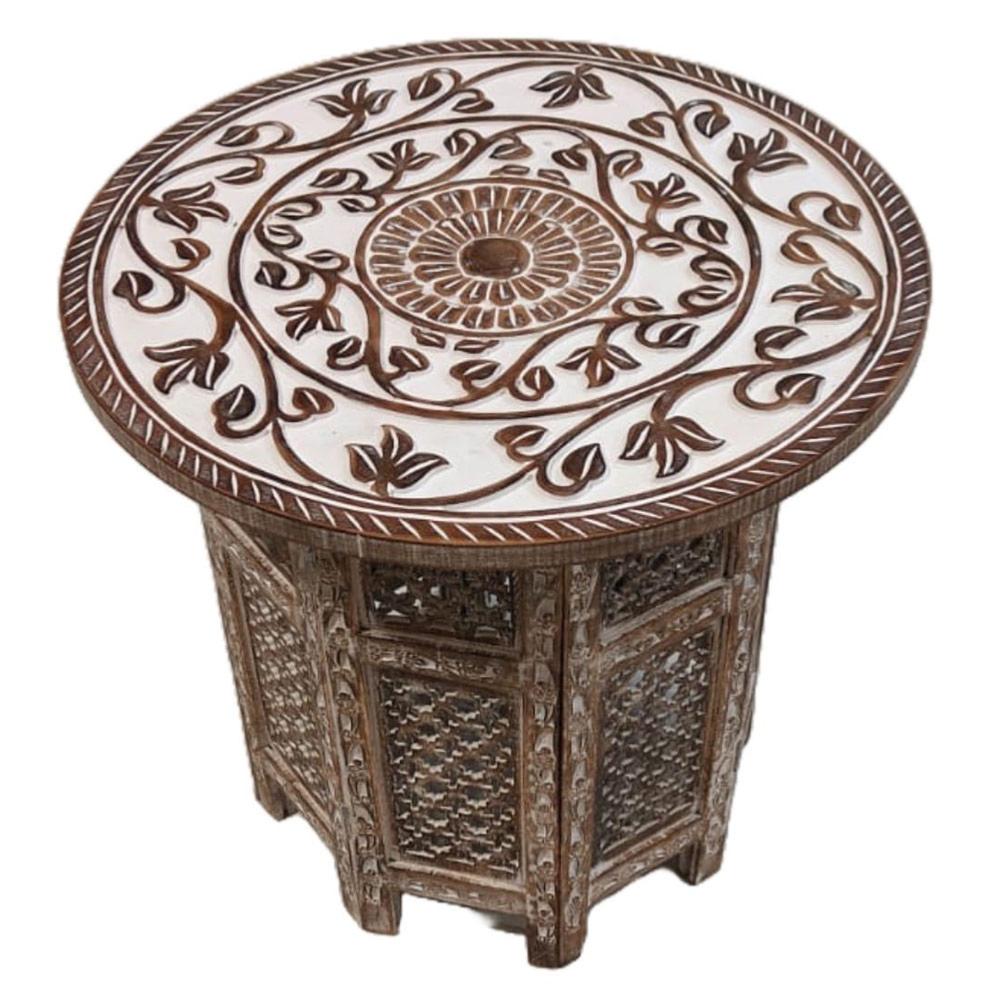 Round Carved Mango Wood Small Occasional Table