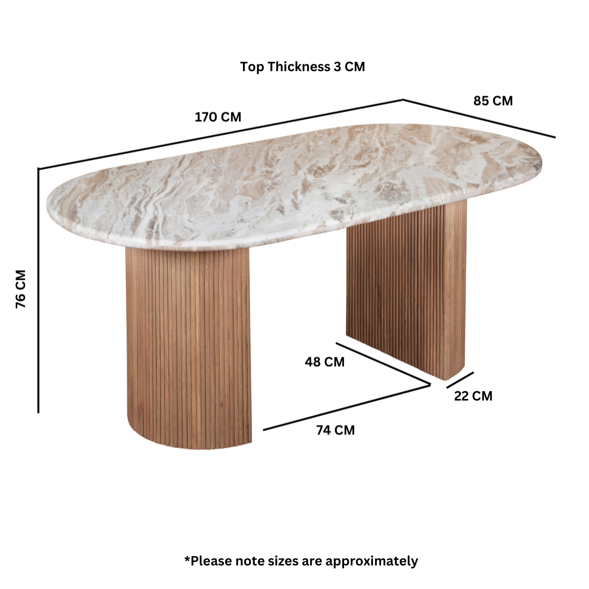 Alva 6-Seater Oval Marble Top Dining Table with Reeded Base 170cm
