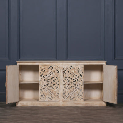 Pura Interiors Distressed Sideboard with Carved Detail 190cm | 4-door | Natural