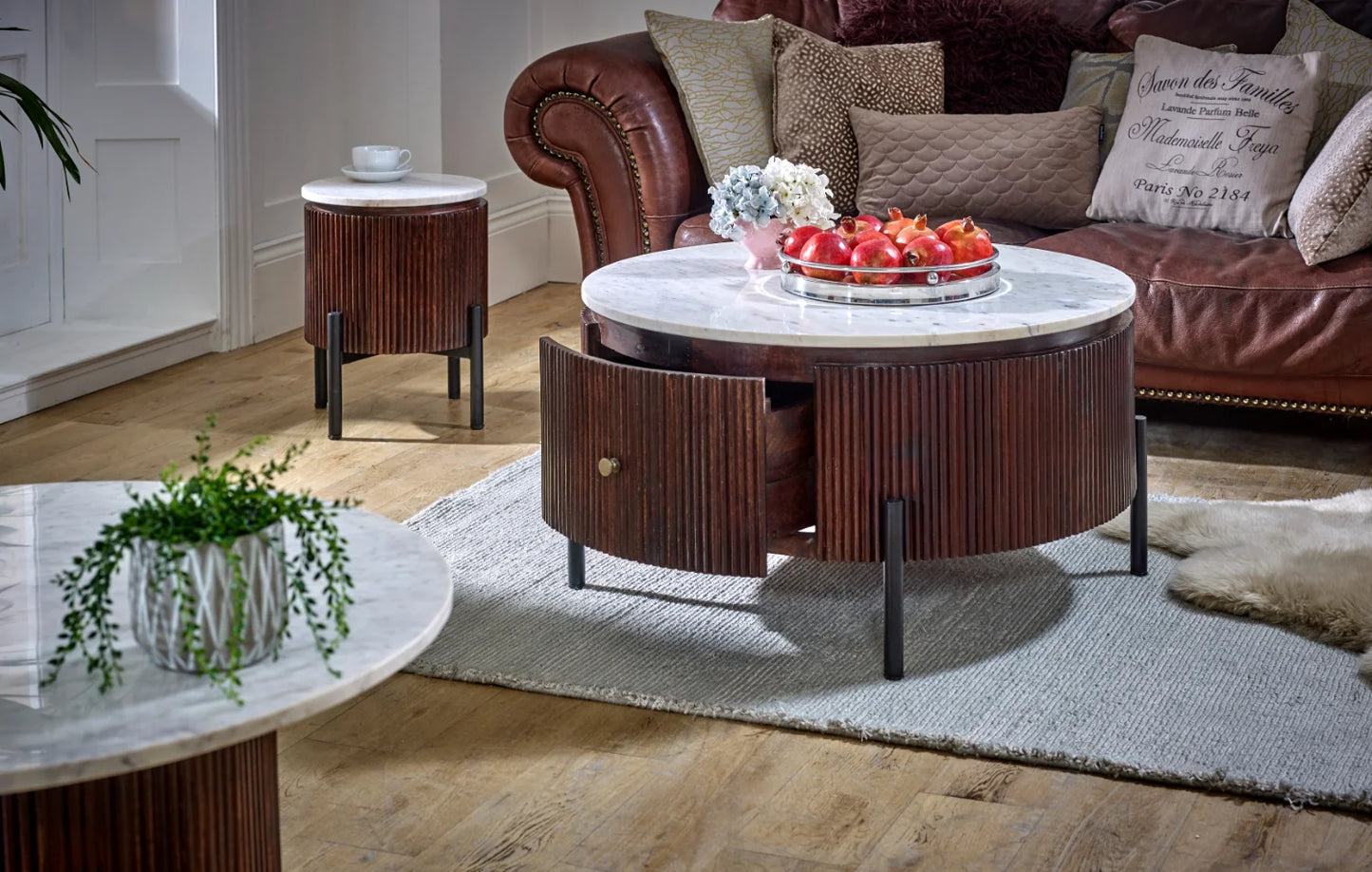 Aadhiya White Marble Top Ribbed Coffee Table