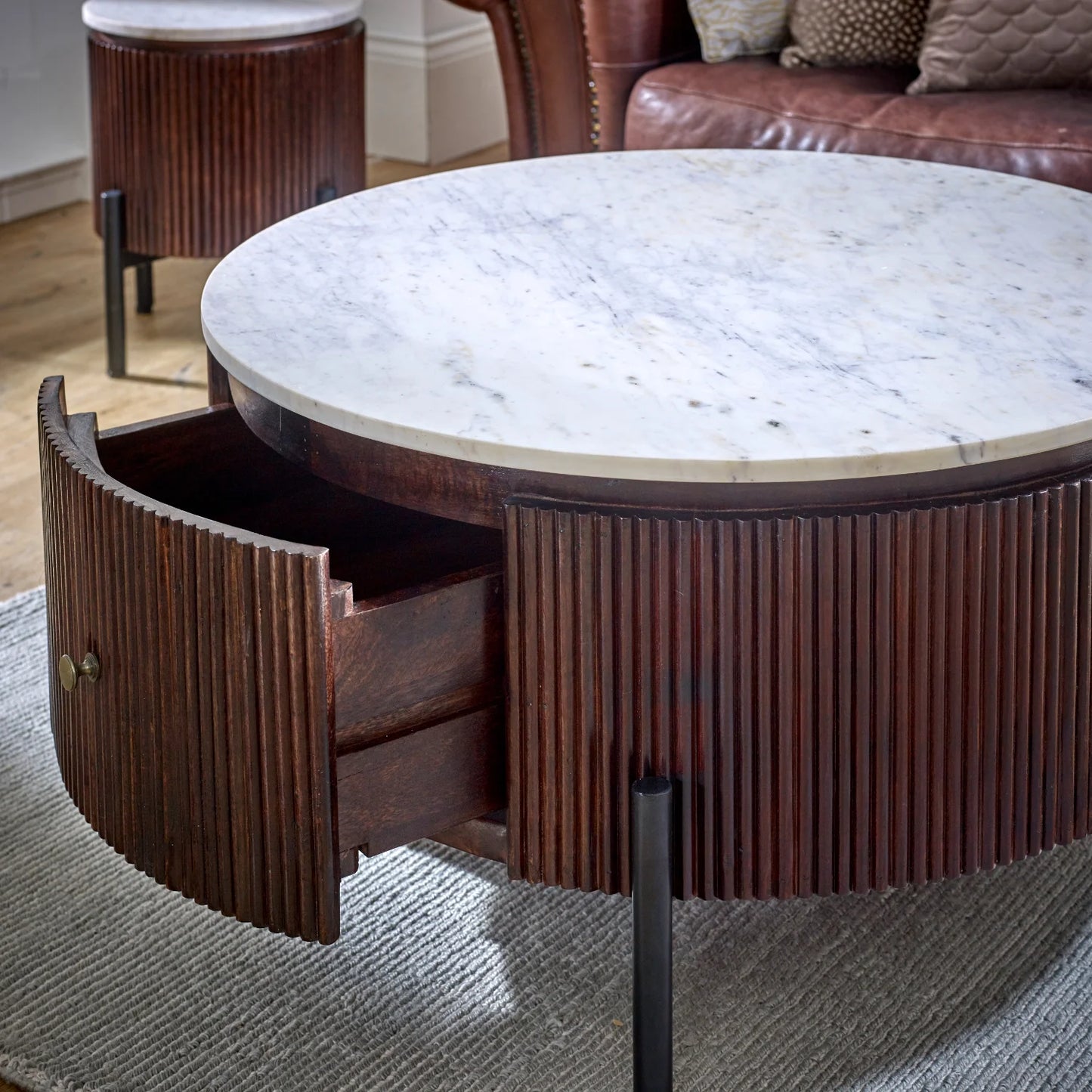 Aadhiya White Marble Top Ribbed Coffee Table