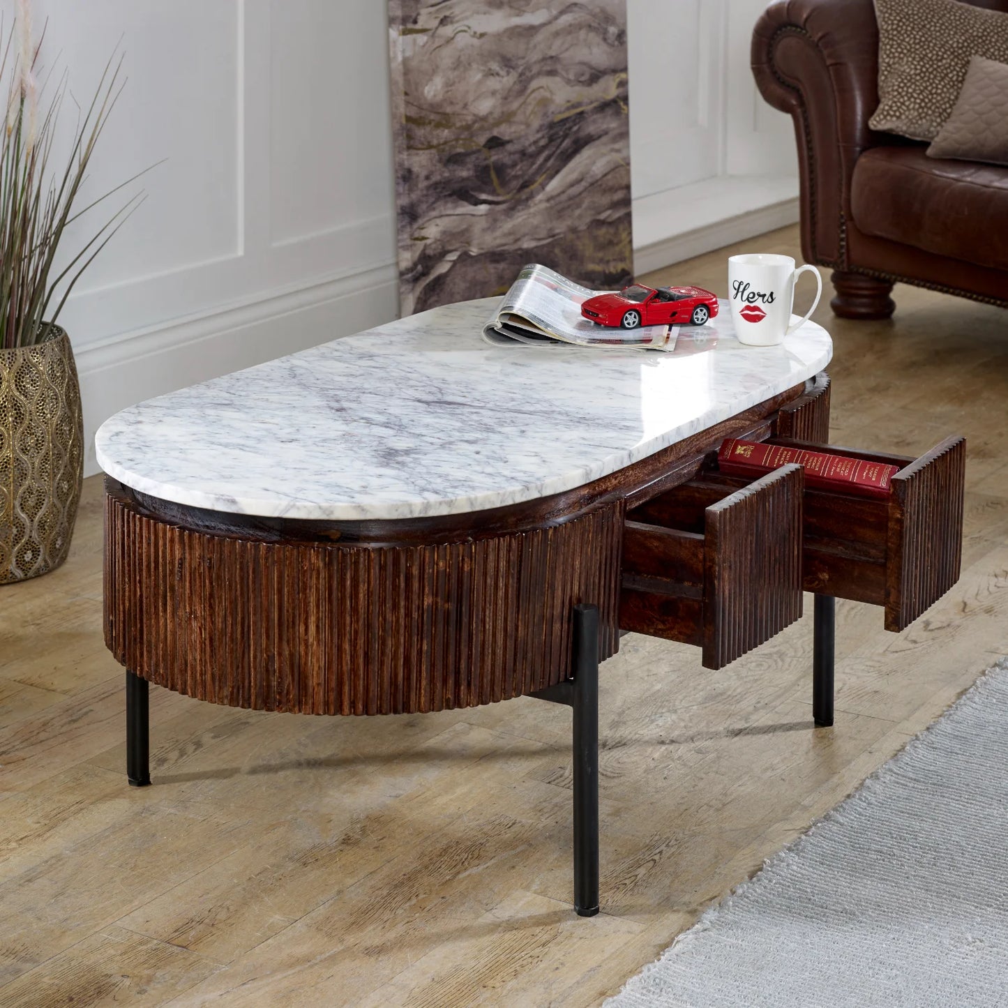 Aadhiya White Marble Top Ribbed Coffee Table