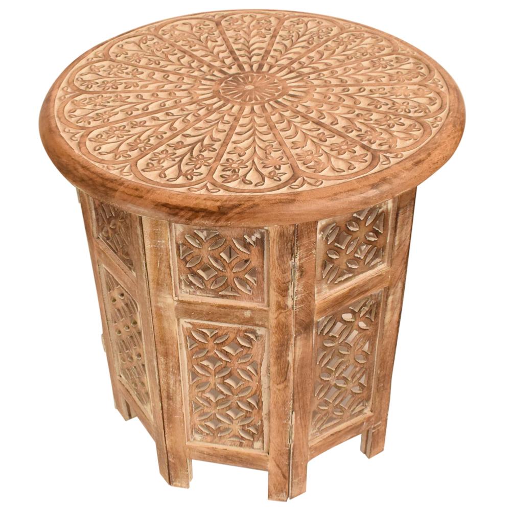 Round Carved Mango Wood Small Occasional Table