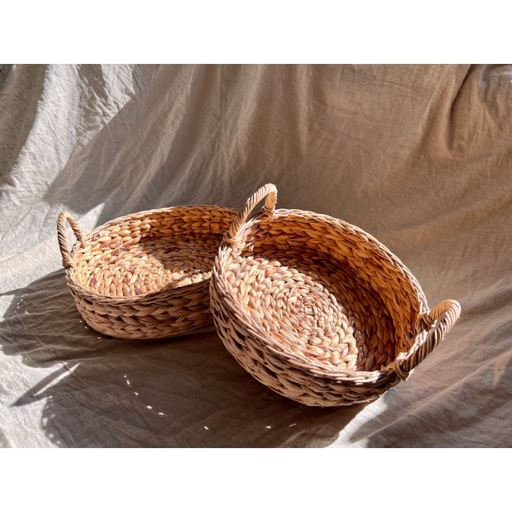 Set of 2 Round Woven Water Hyacinth Trays with Handles