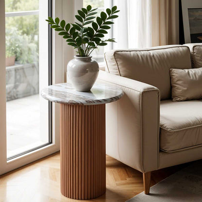 Alva Reeded Pedestal End Table with Marble Top