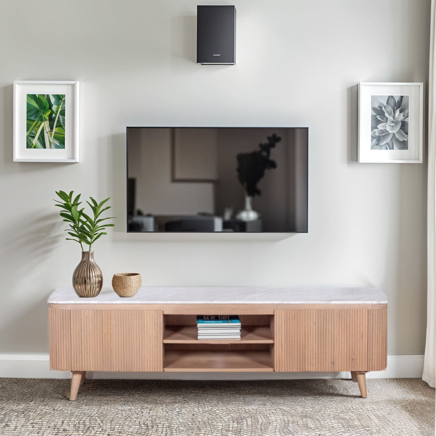 Alva Reeded Media Unit with Marble Top 170cm