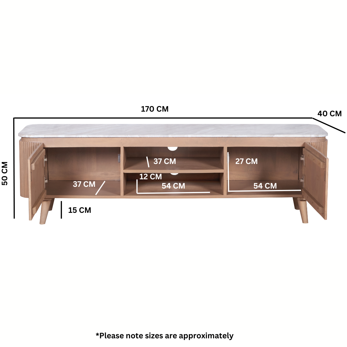 Alva Reeded Media Unit with Marble Top 170cm