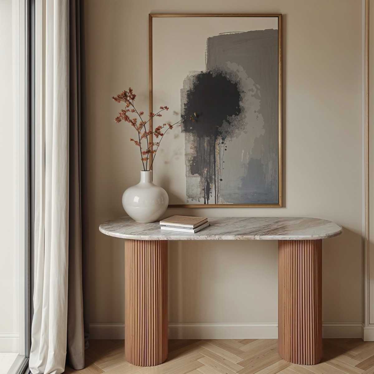 Alva Oval Reeded Pedestal Console Table with Marble Top 120cm