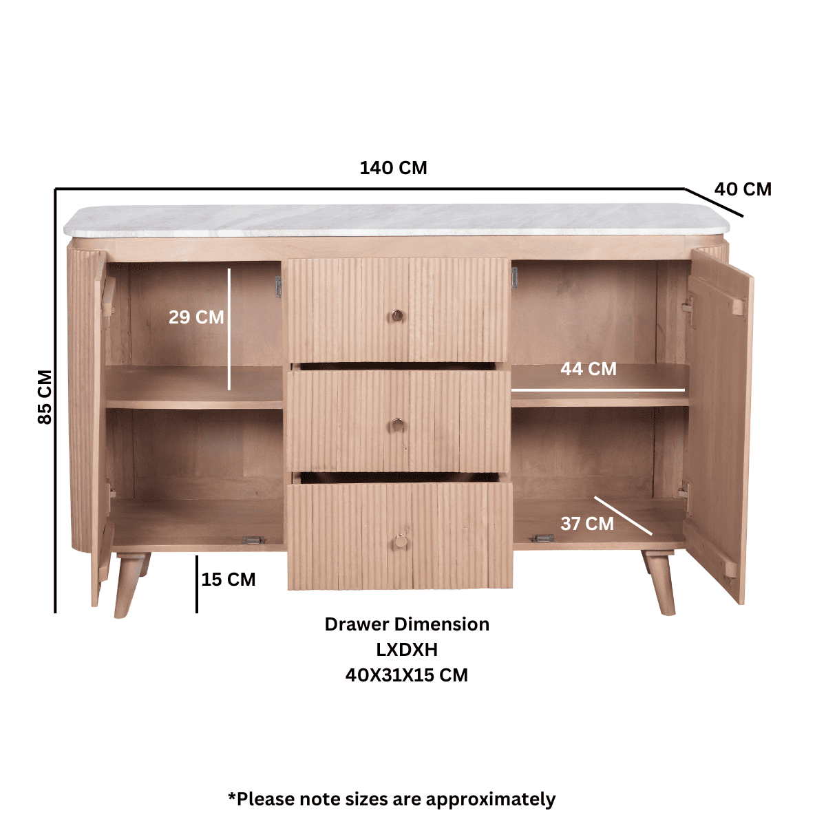 Alva Reeded Sideboard with Marble Top 140cm