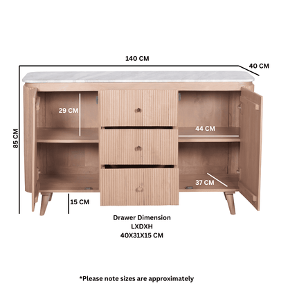 Alva Reeded Sideboard with Marble Top 140cm