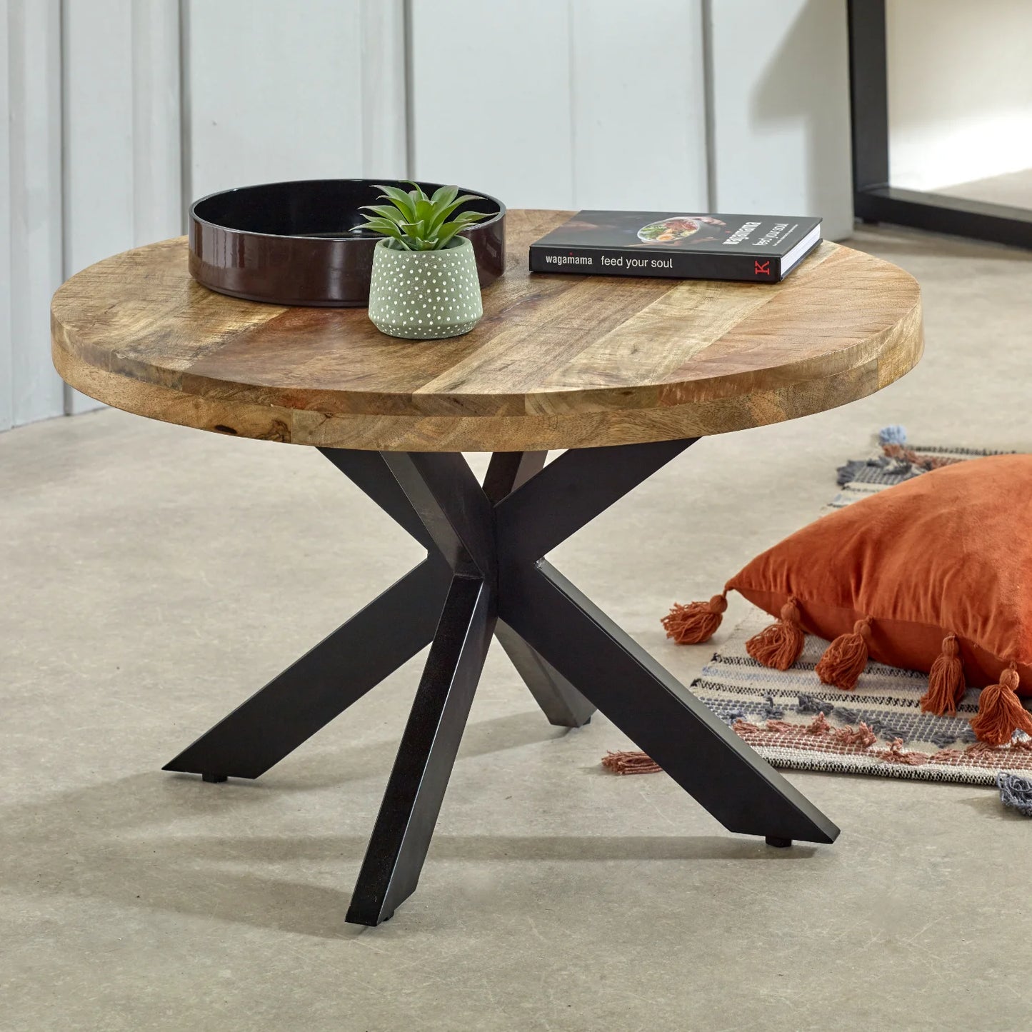 Diya Rustic Chic Wooden Coffee Table with Black Metal Legs