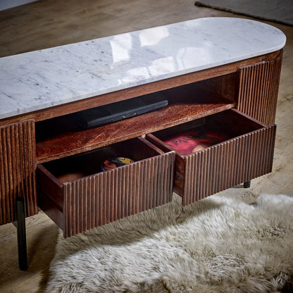 Aadhiya Modern Oval Marble Top Ribbed Media Unit with Storage