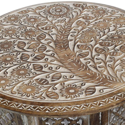 Round Carved Mango Wood Small Occasional Table