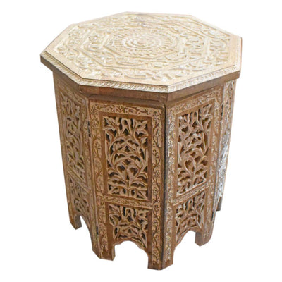 Round Carved Mango Wood Small Occasional Table