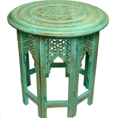 Round Carved Mango Wood Small Occasional Table