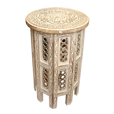 Round Carved Mango Wood Small Occasional Table