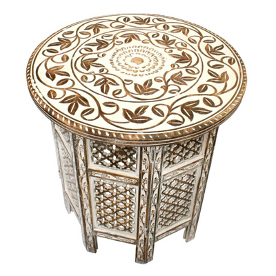 Round Carved Mango Wood Small Occasional Table