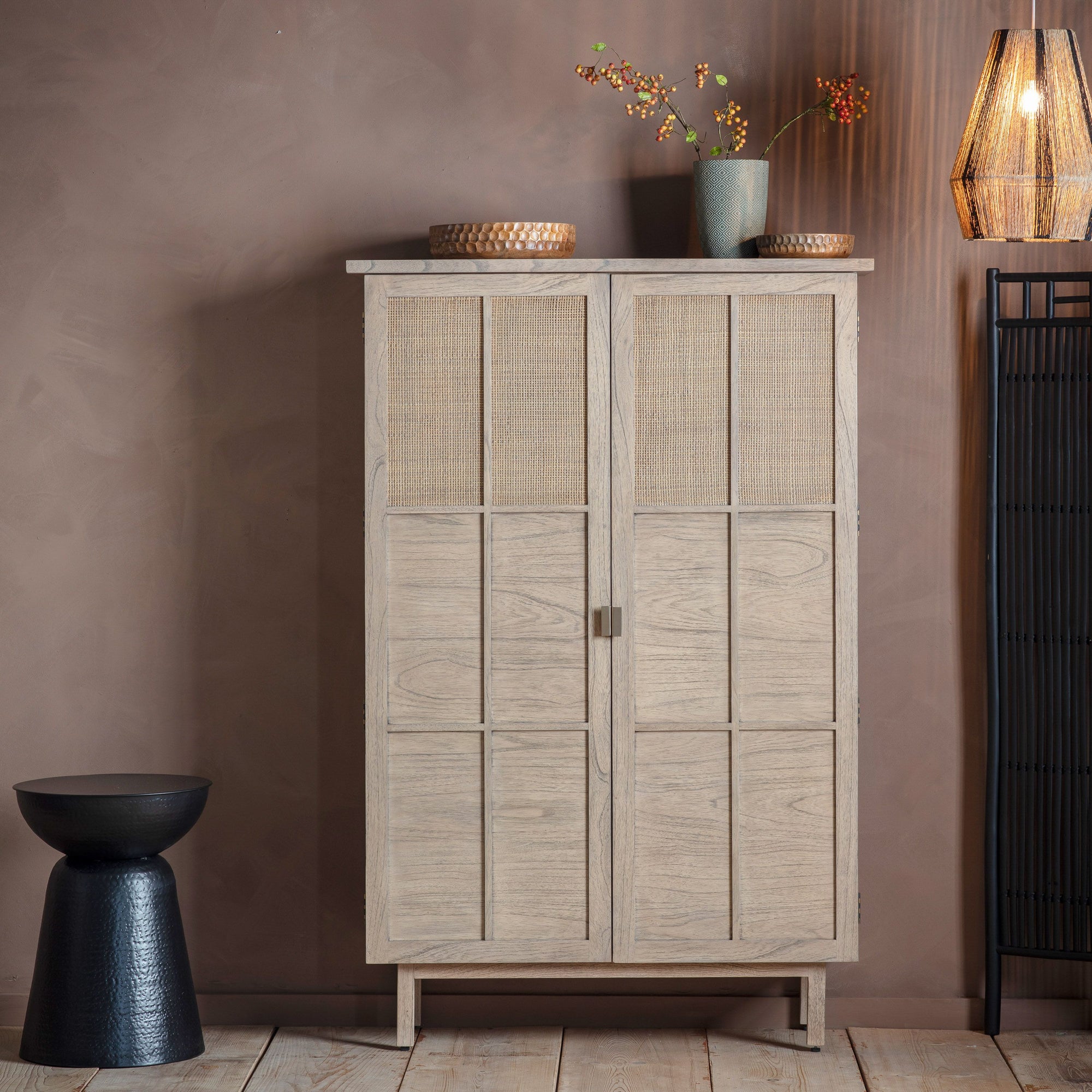 Takumi Mindi Wood and Cane 2 Door Tall Cabinet Natural Salty Casa