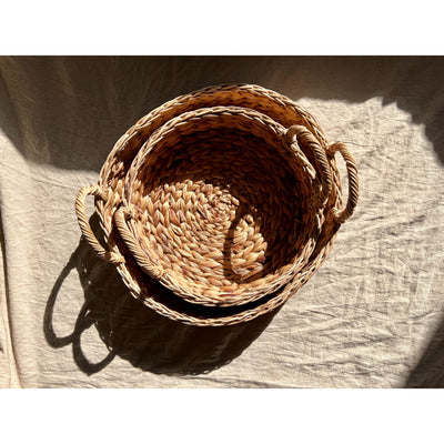 Set of 2 Round Woven Water Hyacinth Trays with Handles